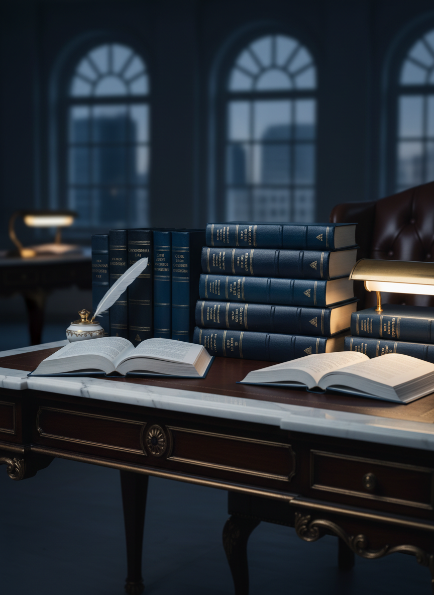 Uma imagem em tom azul marinho escuro com livros de direito empilhados sobre uma mesa elegante de madeira escura, com detalhes em dourado e branco, em estilo fotográfico realista, foco suave, clima profissional e sofisticado, adequada para site de advocacia.