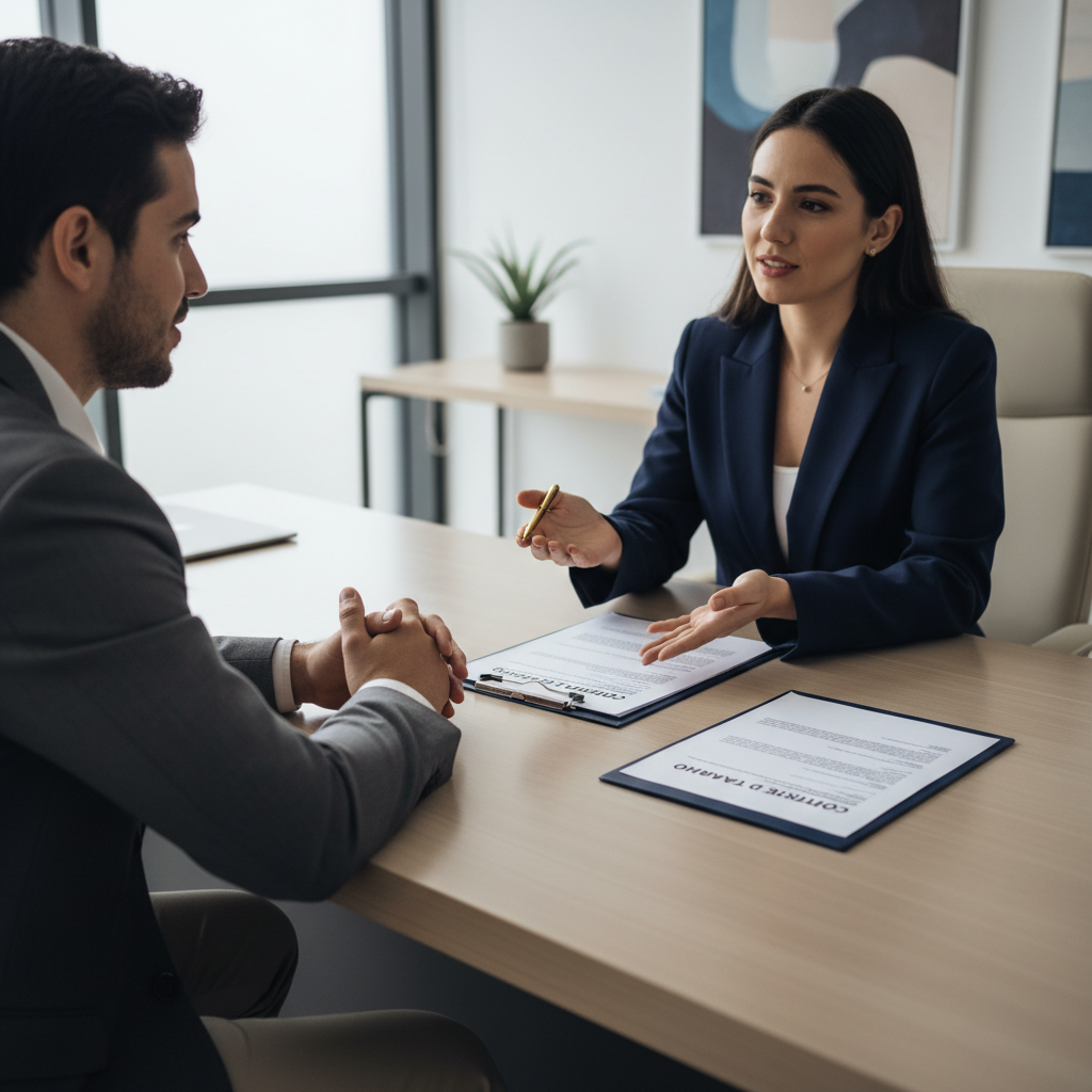 Foto em tom sóbrio e profissional representando ação trabalhista: pessoa sendo atendida por advogada em escritório moderno, com documentos e contrato sobre a mesa, foco nas mãos e no clima de confiança, cores em azul marinho e neutros, estilo fotografia realista.