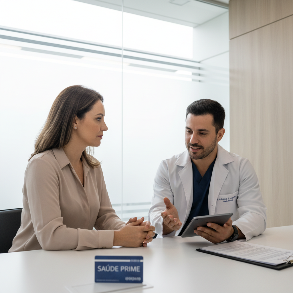 Foto em estilo fotográfico realista e sóbrio mostrando um atendimento de plano de saúde: um paciente sendo atendido com atenção por um profissional de saúde em ambiente clínico moderno, com cartão de plano de saúde ou prontuário discretamente visível sobre a mesa. Paleta em azul marinho, branco e tons neutros, clima profissional e de confiança, adequada para site de advocacia especializada em Direito da Saúde.