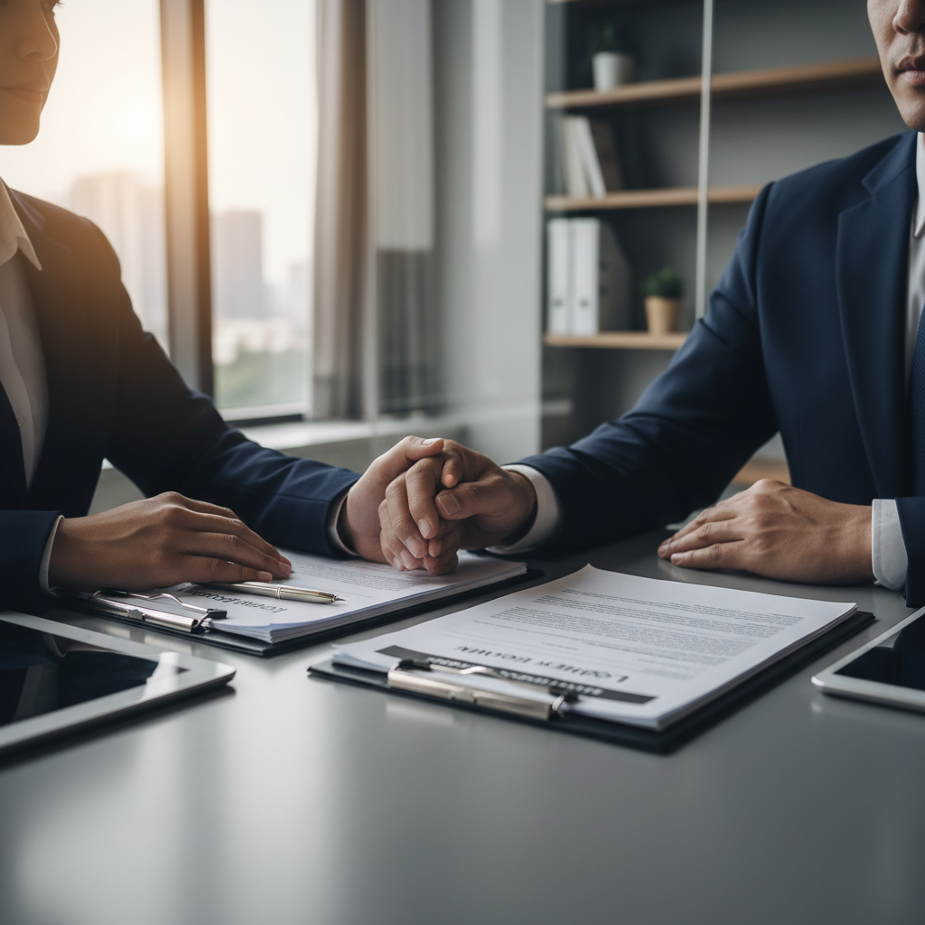 foto sóbria e profissional relacionada a Direito do Trabalho: reunião trabalhista em ambiente corporativo moderno, com advogado e cliente analisando documentos sobre a mesa, foco nas mãos e papéis, cores em azul marinho, cinza e neutros, iluminação suave, estilo fotografia realista, adequada para seção de depoimento em site de advocacia