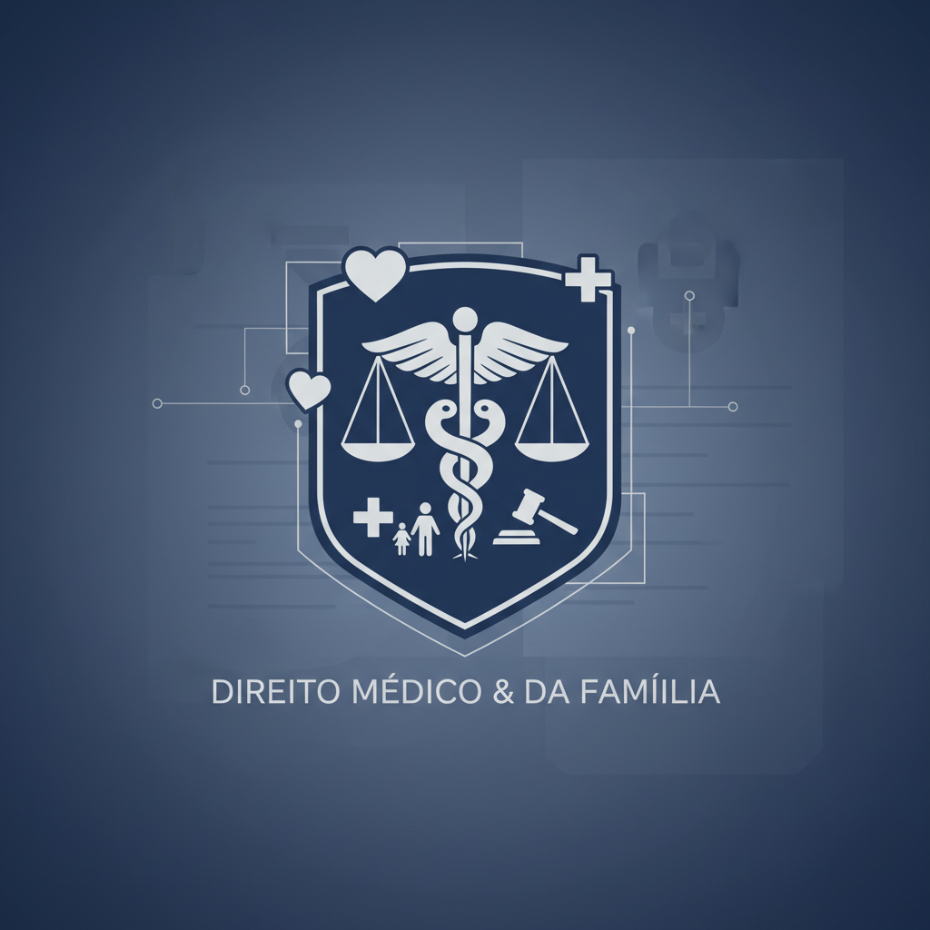 ilustração profissional em tom azul marinho sobre direito médico e da família, com símbolos de medicina e balança da justiça, estilo sóbrio e corporativo