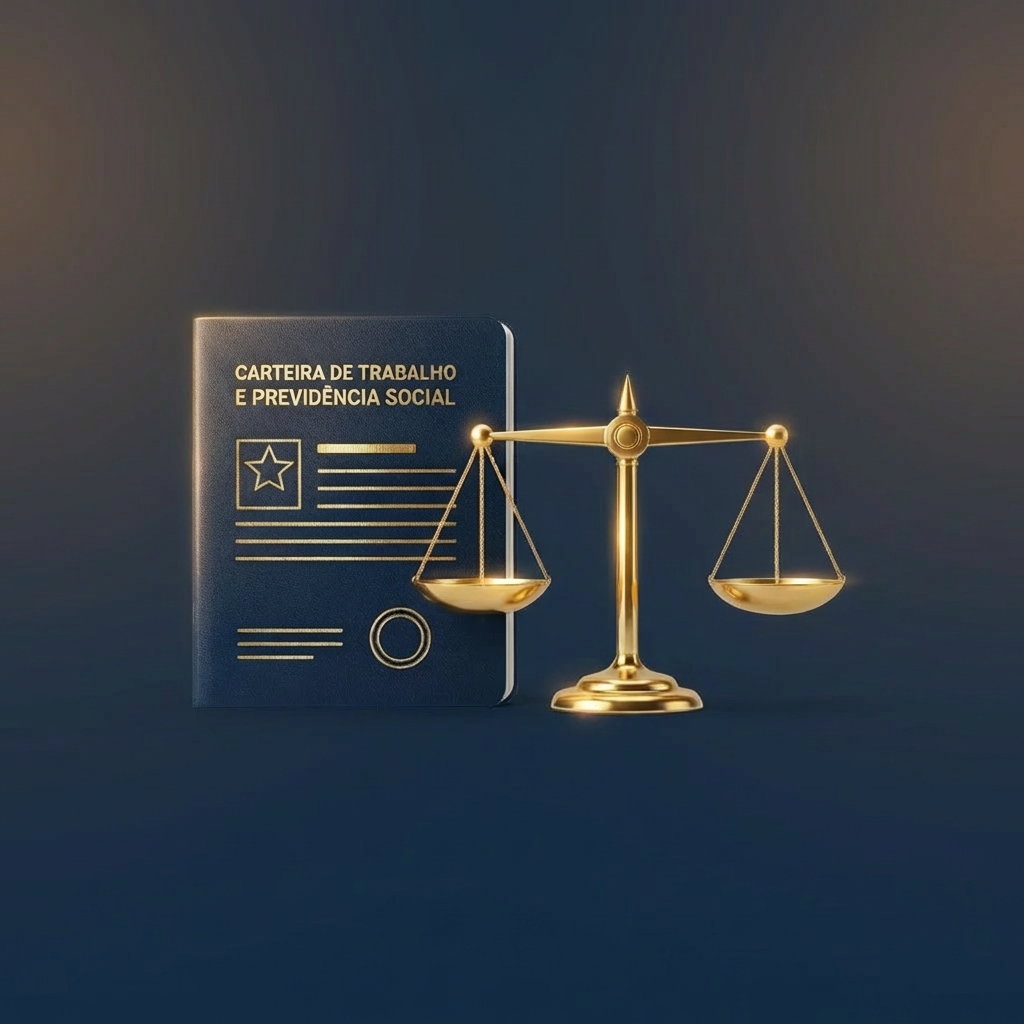 Gold scale of justice beside Brazilian work booklet titled CARTEIRA DE TRABALHO E PREVIDÊNCIA SOCIAL.