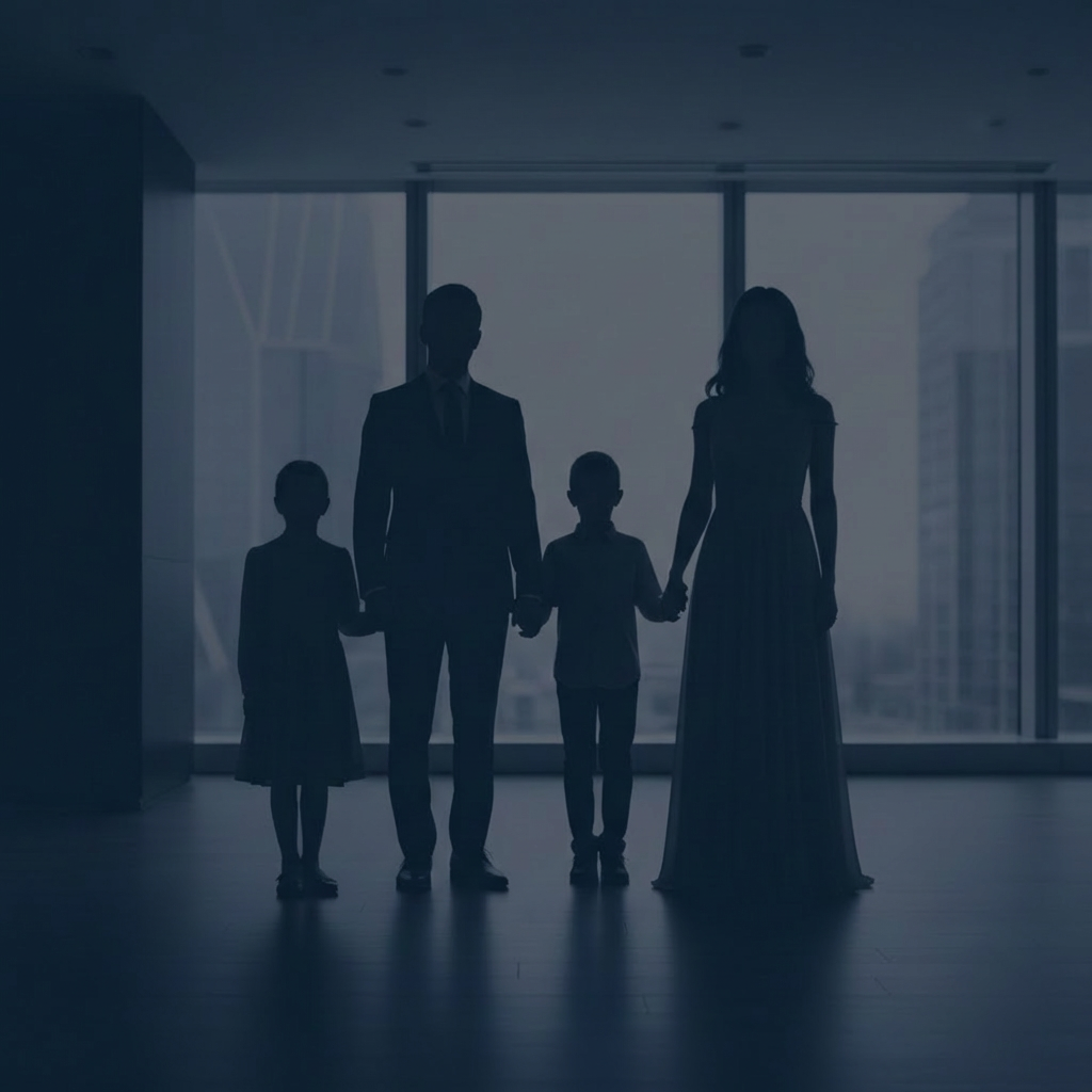 Imagem profissional em tom azul marinho representando uma família (pais e filhos) em estilo sóbrio e elegante, adequada para escritório de advocacia de família, sem mostrar rostos claramente identificáveis.