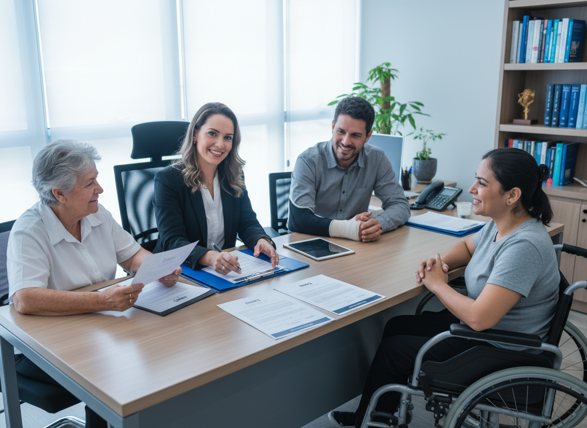 Imagem fotográfica profissional, inclusiva e acolhedora para uma página de advocacia especializada em Direito Previdenciário. Mostrar uma advogada brasileira orientando pessoas diversas em uma consulta: uma pessoa idosa, um adulto trabalhador com possível incapacidade temporária e uma pessoa com deficiência, representada de forma natural e respeitosa, em um escritório jurídico moderno, com documentos sobre benefícios do INSS sobre a mesa. A composição deve transmitir que a assessoria atende diferentes pessoas e situações, incluindo aposentadoria, BPC/LOAS, auxílio por incapacidade e pensão, sem focar apenas em aposentados. Enquadramento horizontal 4:3 adequado para uma coluna de meia página, iluminação natural suave, tons profissionais neutros e azulados, sem textos, logotipos ou marcas d'água.