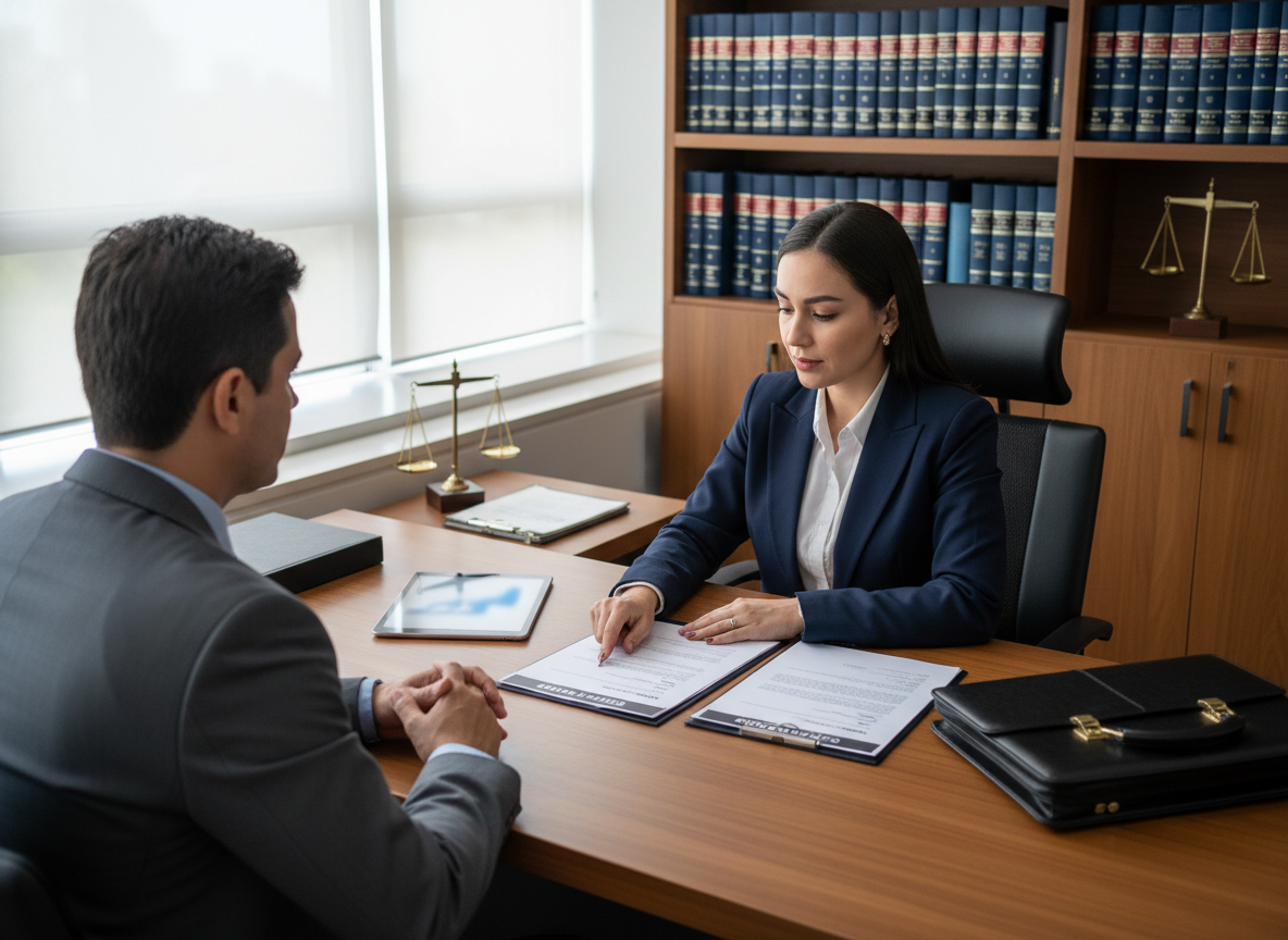 Imagem fotográfica profissional, elegante e sóbria para uma página de escritório de advocacia especializada em Direito Criminal. Mostrar uma advogada brasileira em consulta confidencial com uma pessoa adulta, analisando documentos de defesa sobre uma mesa, em ambiente jurídico moderno e acolhedor. Incluir elementos discretos que remetam à defesa criminal, como documentos processuais e uma pasta, sem algemas, violência, armas, cela ou imagens sensacionalistas. A cena deve transmitir orientação, proteção, sigilo e atuação técnica em inquéritos, processos e audiências. Composição horizontal 4:3, iluminação natural suave, paleta neutra com azul-marinho e detalhes dourados, sem textos, logotipos ou marcas d’água.