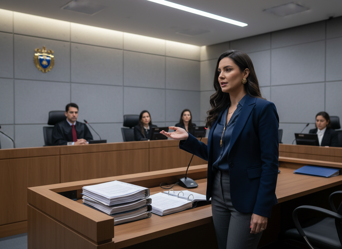 Imagem fotográfica profissional, elegante e sóbria para uma página de escritório de advocacia especializada em Direito Criminal. Mostrar uma advogada brasileira realizando defesa técnica em um tribunal, em pé junto à bancada de defesa, falando com segurança diante do juiz e das demais partes, com autos processuais organizados sobre a bancada. Tribunal moderno e discreto, atmosfera institucional, postura respeitosa e foco na atuação jurídica. Sem violência, armas, algemas, cela, pessoas identificáveis em situação de vulnerabilidade, textos, logotipos ou marcas d’água. Composição horizontal 4:3 adequada para uma coluna de meia página, iluminação equilibrada, paleta sofisticada em azul-marinho, cinza e detalhes dourados.