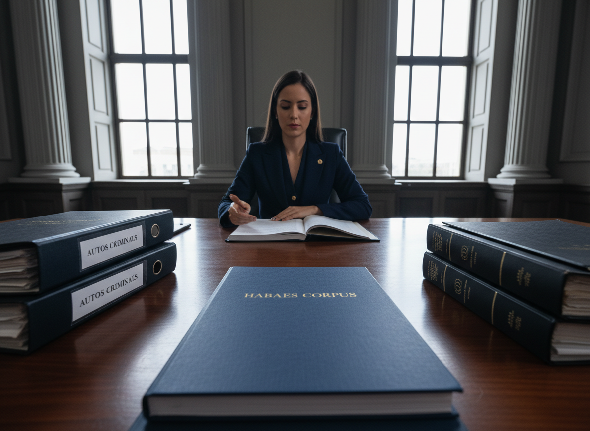 Imagem fotográfica profissional, elegante e sóbria para uma página de Direito Criminal. Mostrar claramente uma advogada brasileira apresentando e analisando uma petição de habeas corpus em um ambiente de tribunal, com uma peça processual em primeiro plano cuja capa contenha de forma legível e discreta as palavras “HABEAS CORPUS”, além de autos criminais e códigos jurídicos organizados. A cena deve comunicar liberdade, proteção de direitos e atuação técnica da defesa, sem violência, armas, algemas, cela, sofrimento ou sensacionalismo. Composição horizontal 4:3, iluminação equilibrada, paleta sofisticada em azul-marinho, cinza e detalhes dourados, sem logotipos ou marcas d’água.