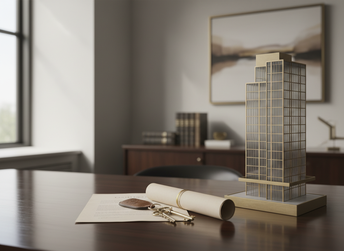 Ambiente elegante de escritório com maquete de edifício, planta e chaves, representando soluções jurídicas imobiliárias.