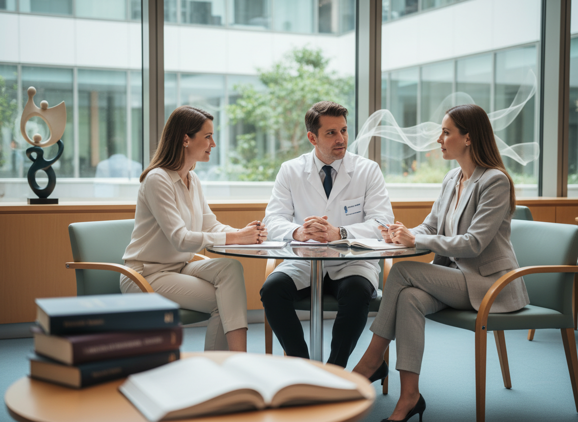 Imagem elegante, profissional e acolhedora sobre Direito Médico e da Saúde: composição editorial contemporânea em ambiente hospitalar sofisticado, com paciente, profissional de saúde e advogada em diálogo, elementos sutis que remetam a orientação jurídica, proteção de direitos, responsabilidade médica e acesso à saúde. Evitar textos legíveis, logotipos, símbolos de tribunal e aparência de diagnóstico ou promessa de resultado.