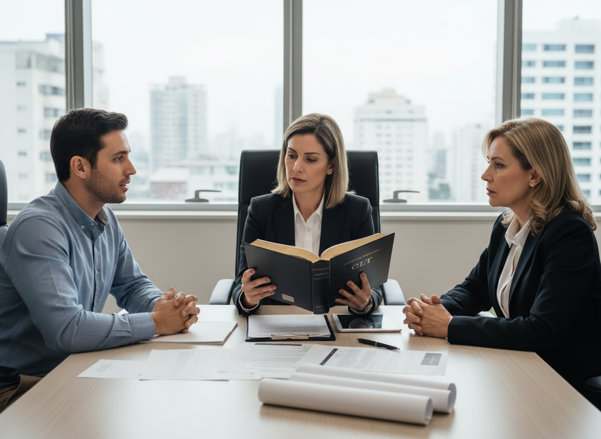 Soluções jurídicas inteligentes para você, sua empresa e família Imagem horizontal elegante e profissional para uma página de Direito do Trabalho, representando de forma equilibrada a CLT, um trabalhador e uma empresa: advogado analisando a Consolidação das Leis do Trabalho com trabalhador e representante empresarial em uma reunião, documentos contratuais sobre a mesa, ambiente corporativo contemporâneo, atmosfera de diálogo, orientação e equilíbrio entre direitos e deveres. Sem textos legíveis, sem logotipos, sem aparência de conflito ou promessa de resultado.