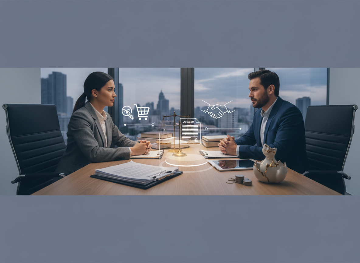 Imagem horizontal elegante e profissional sobre Direito Civil, representando os temas tratados na página: advogado em reunião com cliente, documentos de contratos e obrigações, negociação de um acordo, elementos sutis de responsabilidade civil, indenizações, relações de consumo, cobranças e resolução de conflitos. Ambiente contemporâneo de escritório jurídico, atmosfera de confiança e orientação. Sem textos legíveis, logotipos, símbolos exagerados ou promessa de resultado.