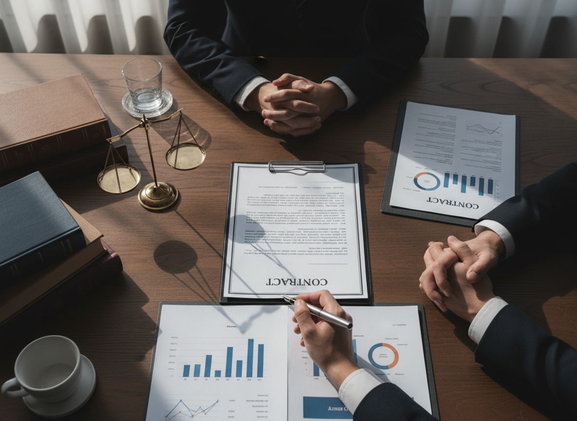 Crie uma imagem horizontal distinta e sofisticada para Direito Civil, sem repetir a cena genérica de advogado e cliente em reunião. Mostre uma mesa vista de cima com contrato sendo assinado, caneta, documentos organizados, uma balança da justiça discreta e duas mãos aproximando-se para firmar um acordo. A composição deve comunicar contratos, responsabilidade civil, indenizações, relações de consumo e resolução de conflitos por meio de elementos visuais claros, com estética editorial premium, tons sóbrios e iluminação elegante. Não incluir textos legíveis, logotipos, rostos em destaque ou promessas de resultado.